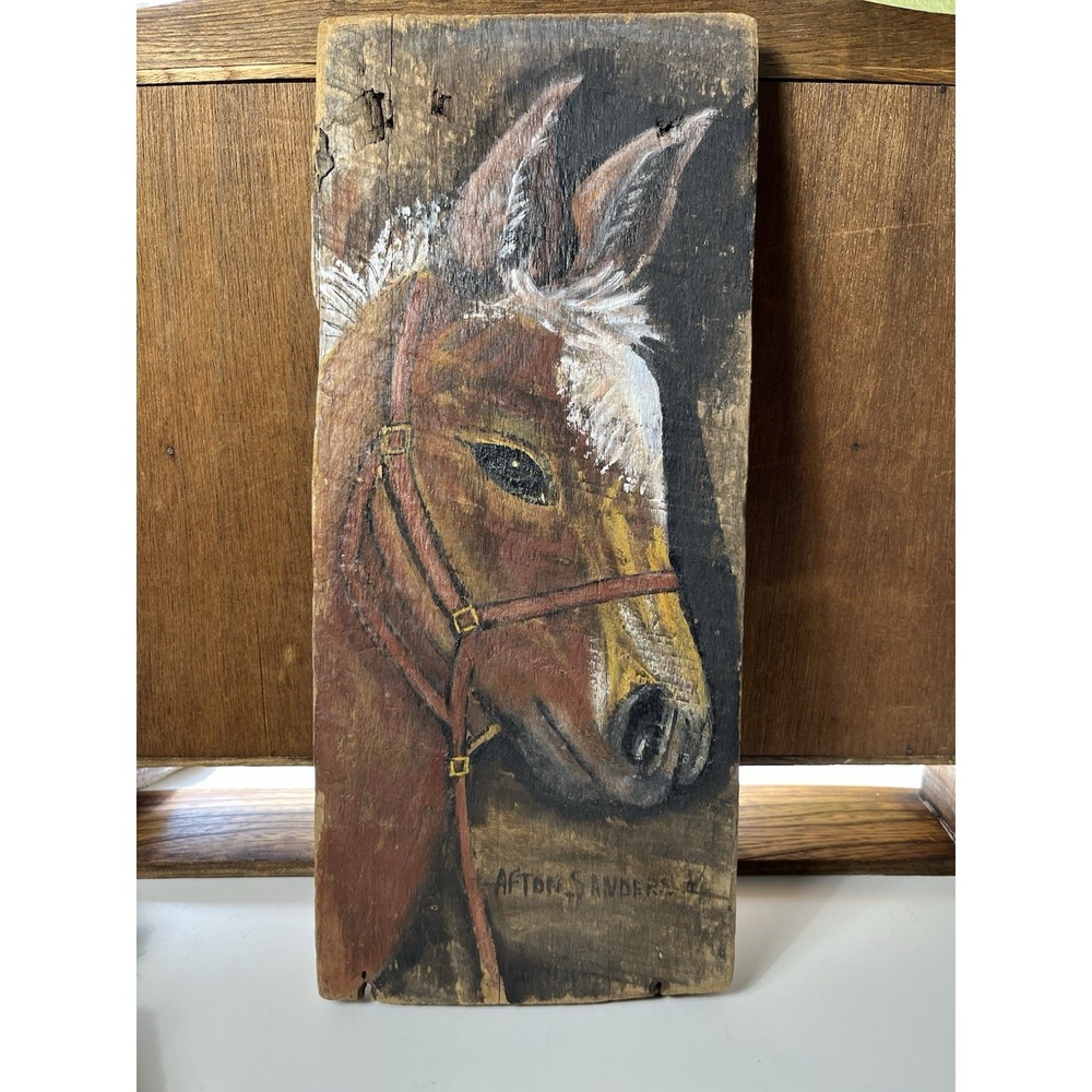 Vtg Afton Sanders Signed Original Folk Art Horse Painting On Reclaimed Wood Plan